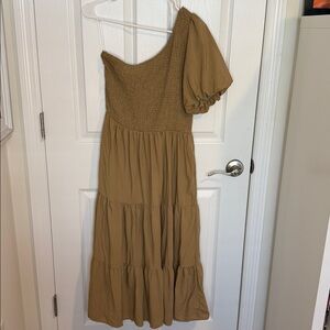 Elegant Tan One-Shoulder Dress with a bell style sleeve with side pockets M